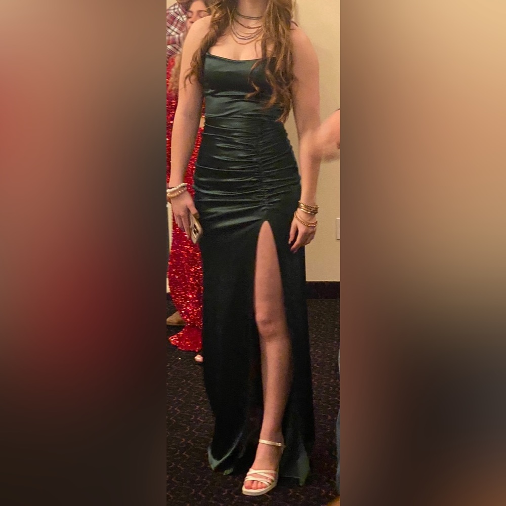 Forest green satin dress. High slit with rouging. Strappy, low cut back.